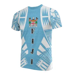 Fiji T-Shirt - Fiji Coat Of Arms Polynesian Tattoo Light Blue Style