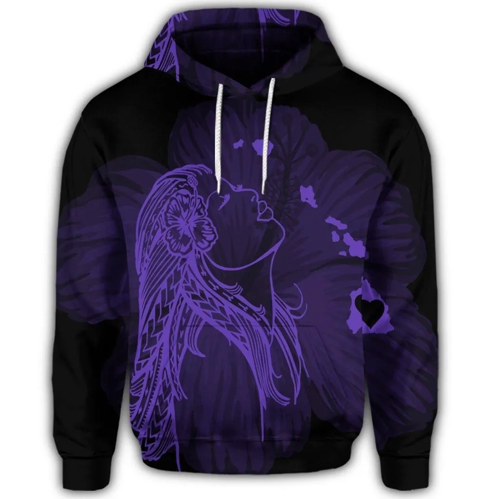 Hawaiian Map Heart Hula Girl Hibiscus Purple Polynesian Hoodie