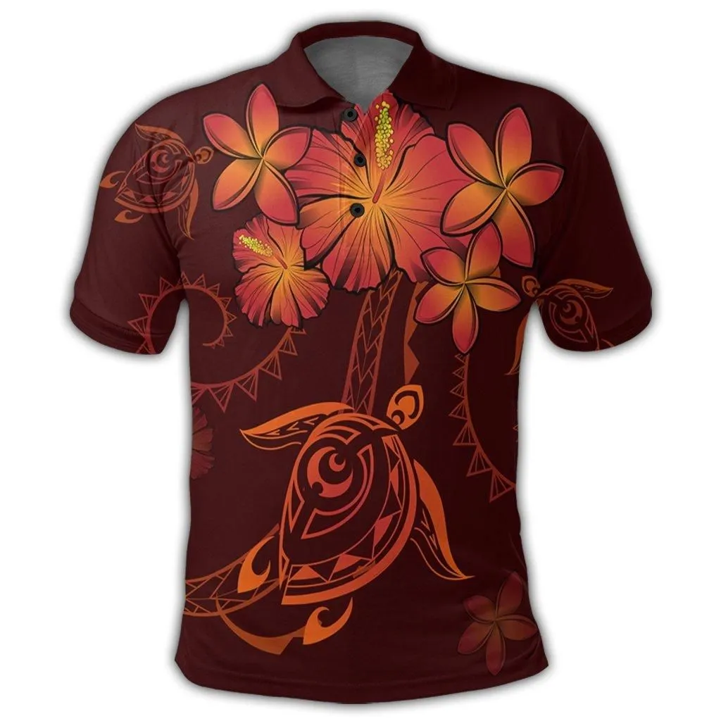 Hawaiian Turtles Hibiscus Plumeria Polynesian Polo Shirt - Red - AH
