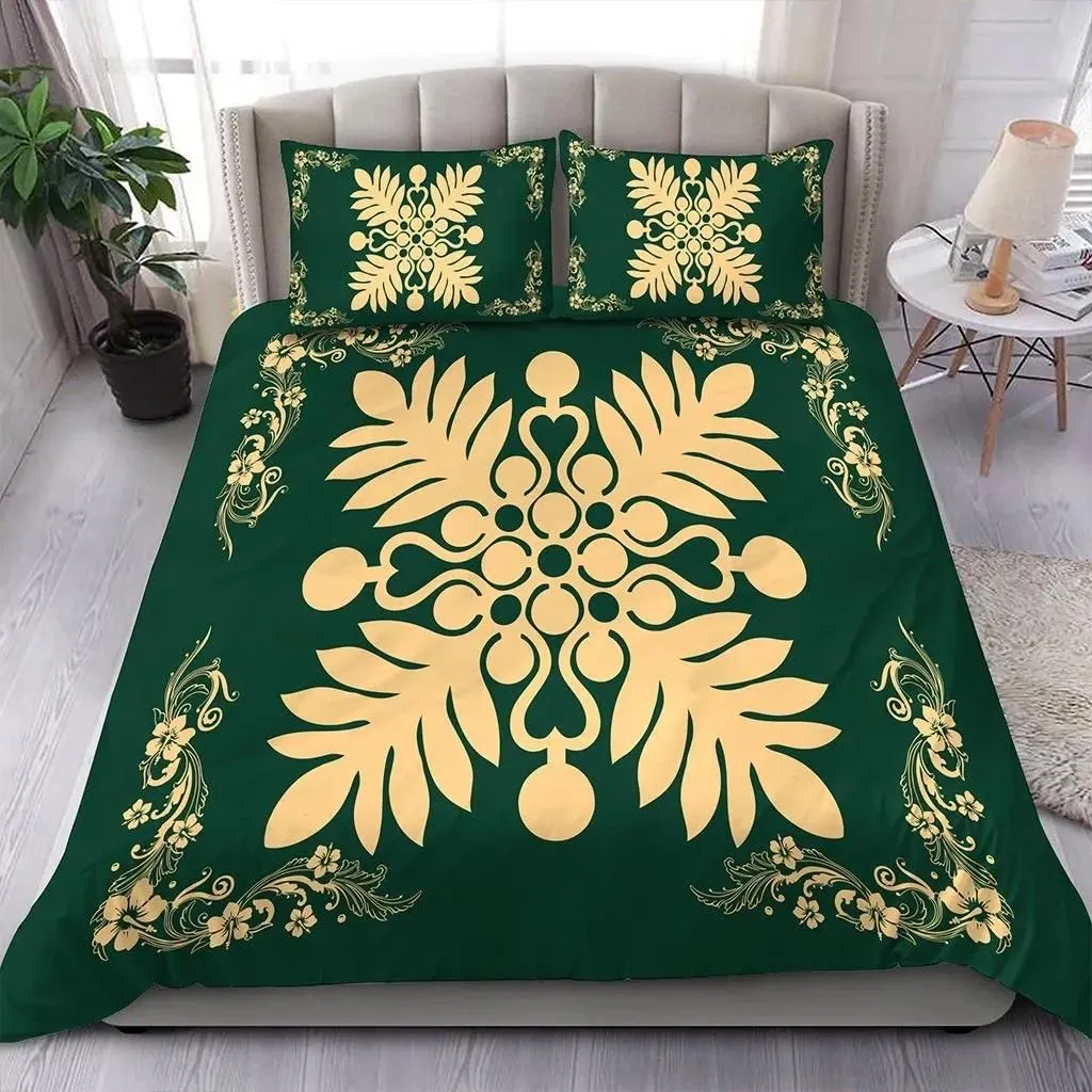 FamilyGater Home Set - Hawaiian Quilt Maui Plant And Hibiscus Pattern Bedding Set - Beige Sacramento - AH J8