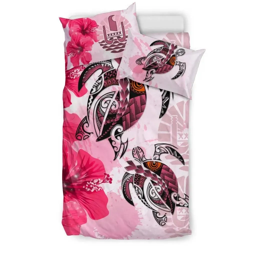FamilyGater Bedding Set - Cover and Pillow Cases Tahiti - Polynesia Turtle Hibiscus Pink A24