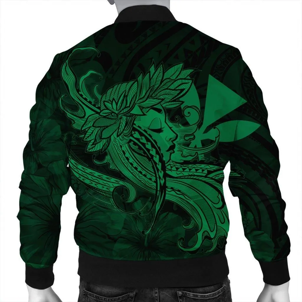 Hawaiian Map Hula Girl Hibiscus Kanaka Polynesian Bomber Jacket - Green - AH