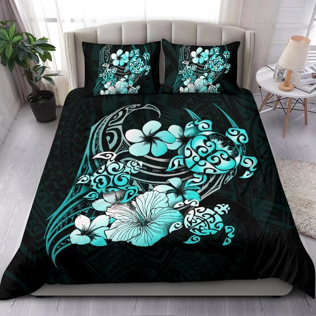 Turquoise Turtle Hibiscus Mix Plumeria Polynesian Bedding Set
