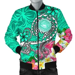 American Samoa Polynesian Men's Bomber Jacket - Turtle Plumeria (Turquoise) - BN18