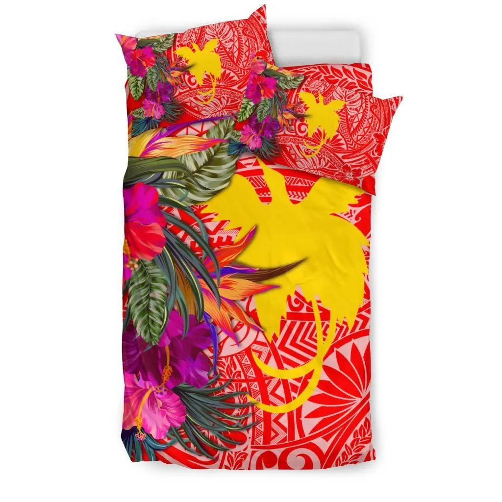 Papua New Guinea Bedding Set - Hibiscus Polynesian Pattern Red Version