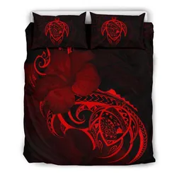 Hawaiian Map Turtle Hibiscus Divise Red Polynesian Bedding Set - AH - J1