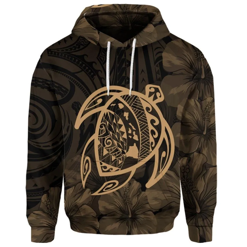 (Personalised) Hawaiian Map Turtle Kanaka Hibiscus Polynesian Hoodie - Gold - AH