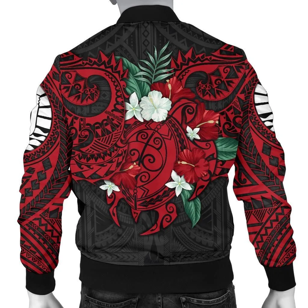 Tahiti Polynesian Men's Bomber Jacket - Hibiscus and Sea Turtle (Red) - BN15