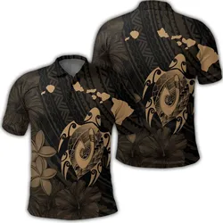 Hawaiian Map Turtle Plumeria Hibiscus Fish Hook Polynesian Polo Shirt Gold - AH