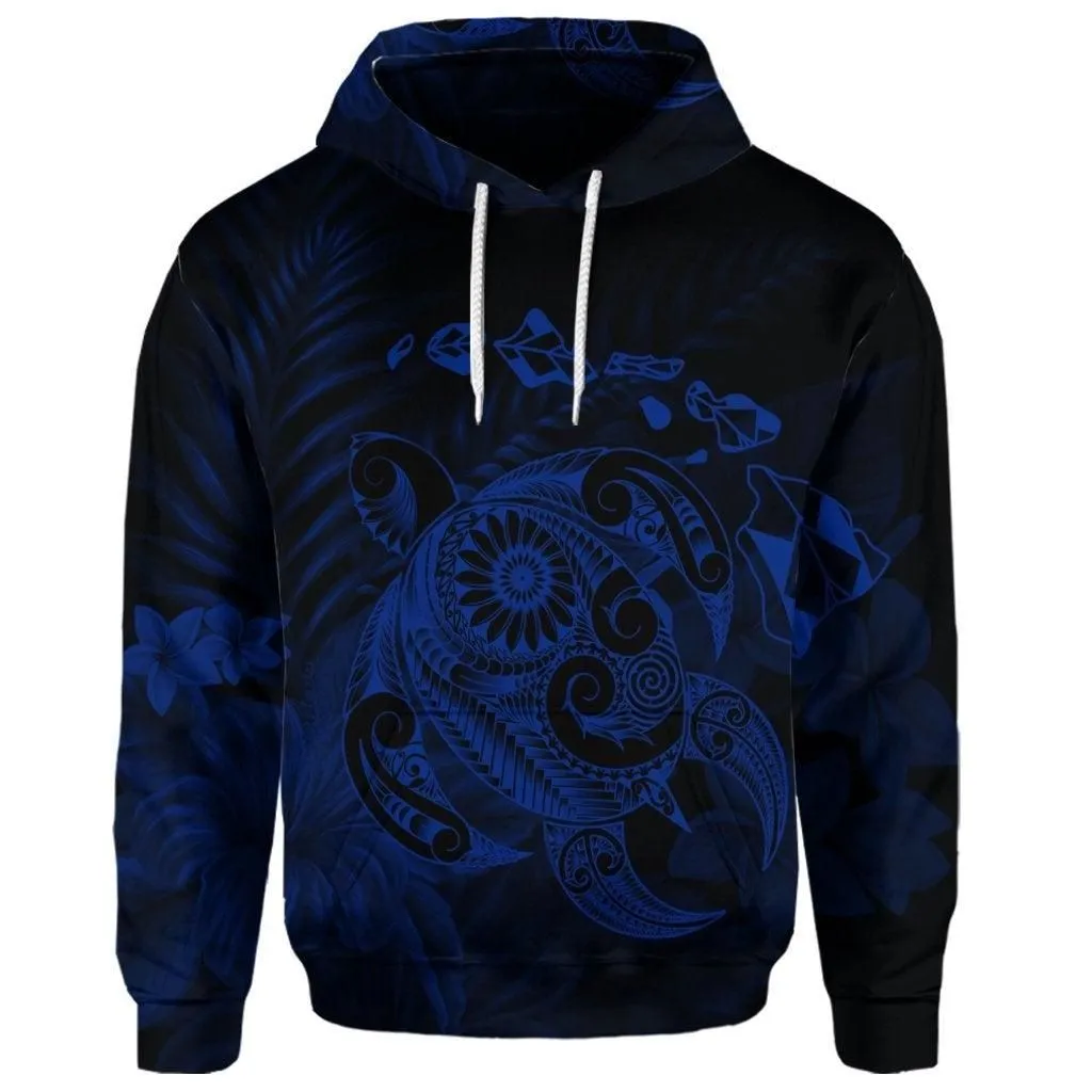 (Personalised) Hawaiian Map Turtle Tattoo Hibiscus Plumeria Polynesian Hoodie - Blue
