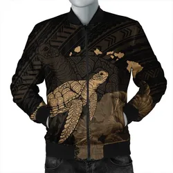 Hawaii Polynesian Hibiscus Turtle Map Bomber Jacket Gold - AH