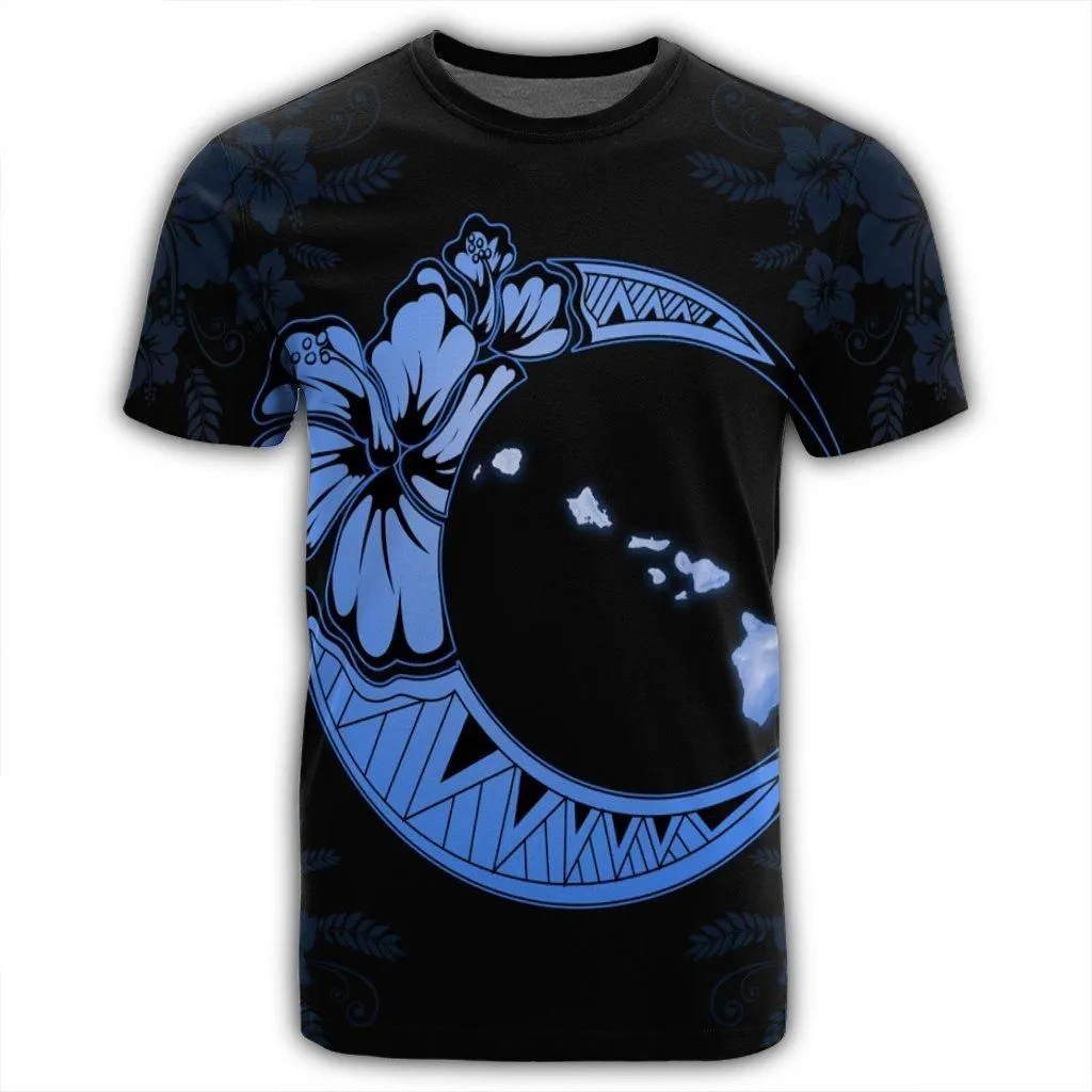 Hawaiian Map Hibiscus Turtle Polynesian Moon T-Shirt Blue - AH