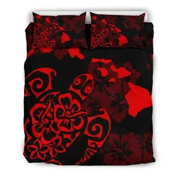 FamilyGater Home Set - Hawaiian Map Turtle Hibiscus Polynesian  Red Bedding Set - AH J4