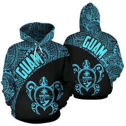 Guam Hoodie - Guam Coat Of Arm in Turtle Polynesian Tattoo Blue