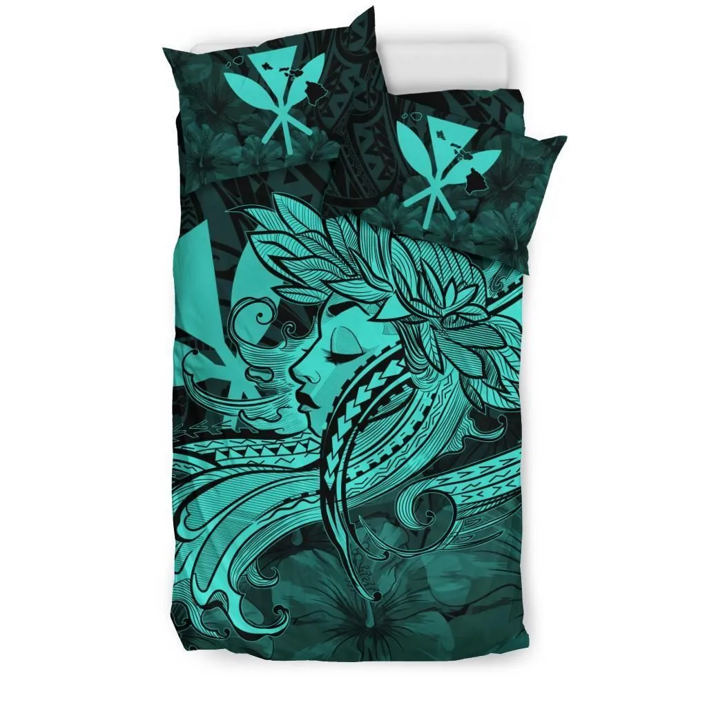 Hawaiian Map Hula Girl Hibiscus Kanaka Polynesian Bedding Set - Turquoise