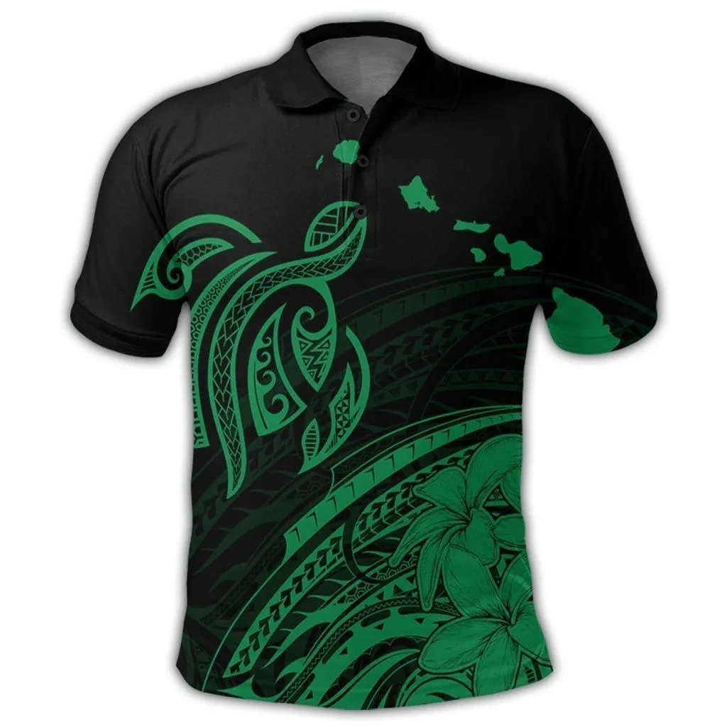 Hawaii Turtle Polynesian Map Plumeria Polo Shirt Green