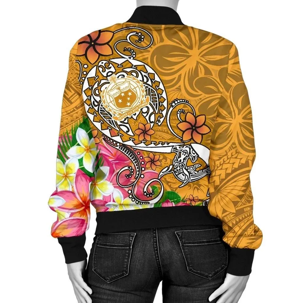 Samoa Custom Personalised Women's Bomber Jacket - Turtle Plumeria (Gold) - BN18