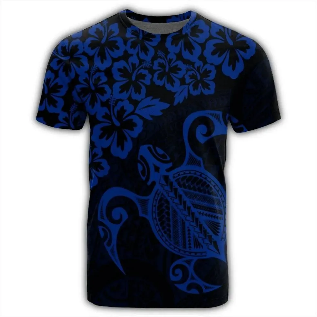 Alohawaii Tee - Hawaiian Map Turtle Hibiscus Kanaka Polynesian T-shirt Blue - AH - J4R
