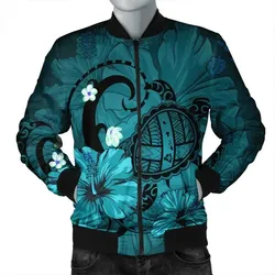 FamilyGater Jacket - Hawaiian Map Big Turtle Hibiscus Plumeria Tribal Polynesian Bomber Jacket - Turquoise - AH - J6R