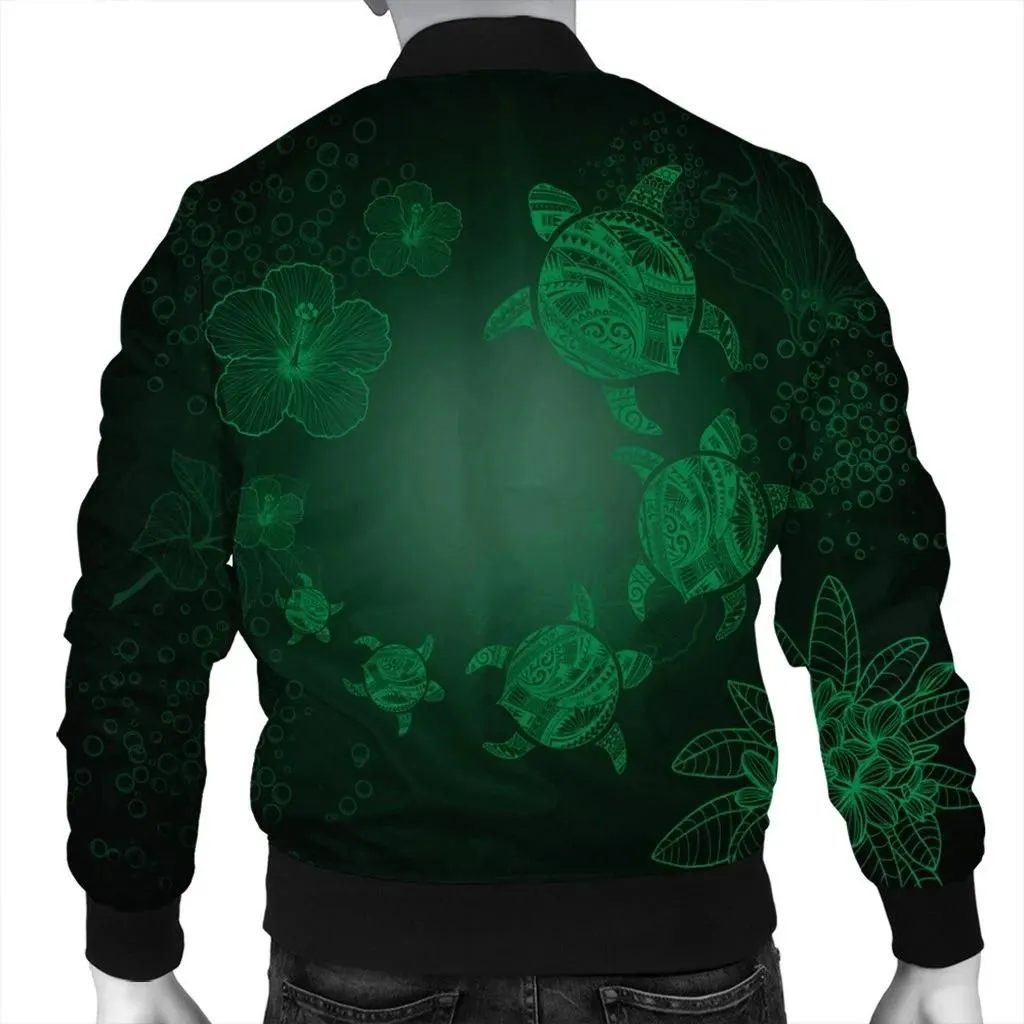 FamilyGater Jacket - Hawaiian Plumeria Hibiscus Turtle Under Sea Polynesian Bomber Jacket Green AH - J7R