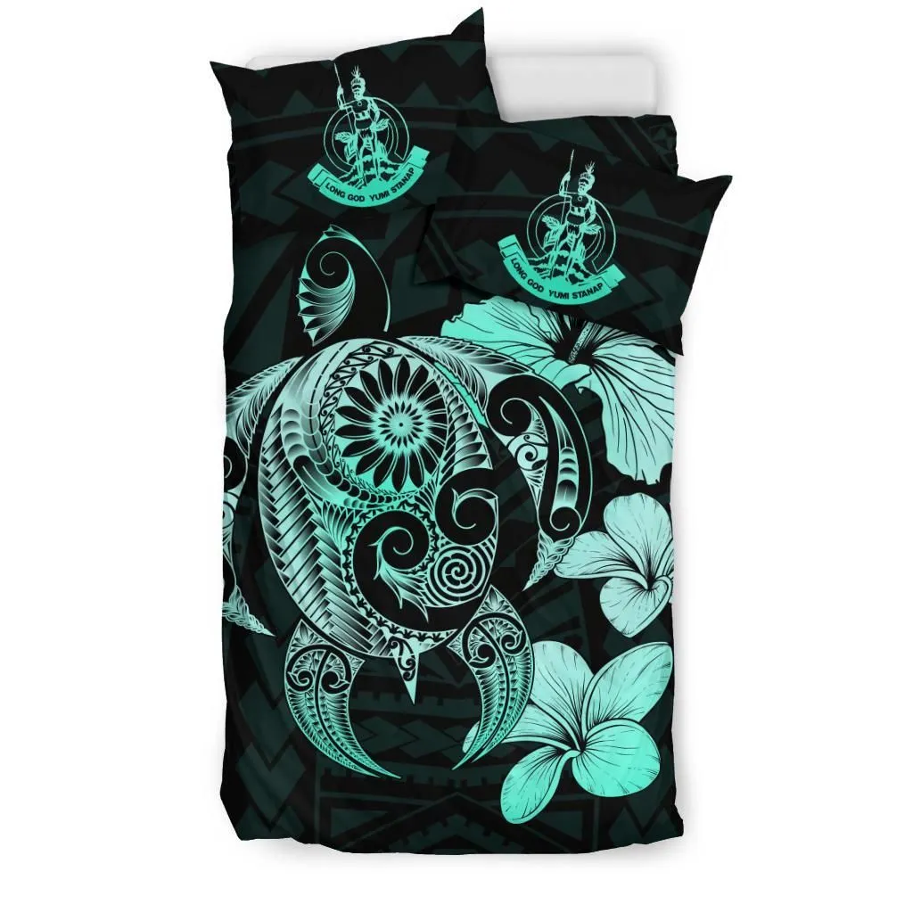 FamilyGater Bedding Set - Cover and Pillow Cases Vanuatu Islands Hibiscus Plumeria Mix Polynesian Turtle Turquoise J1