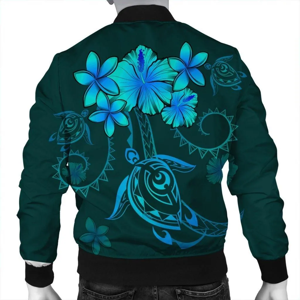 Hawaiian Turtles Hibiscus Plumeria Polynesian Bomber Jacket - Turquoise - AH