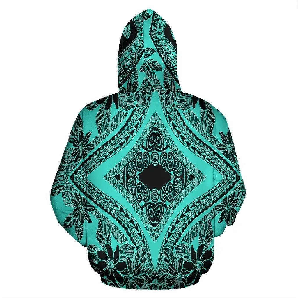 Hawaii Hoodie - Polynesian Plumeria Mix Turquoise Black Pullover