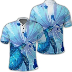 Hawaiian Map Hibiscus Flower Turtle Polynesian Polo Shirt Blue