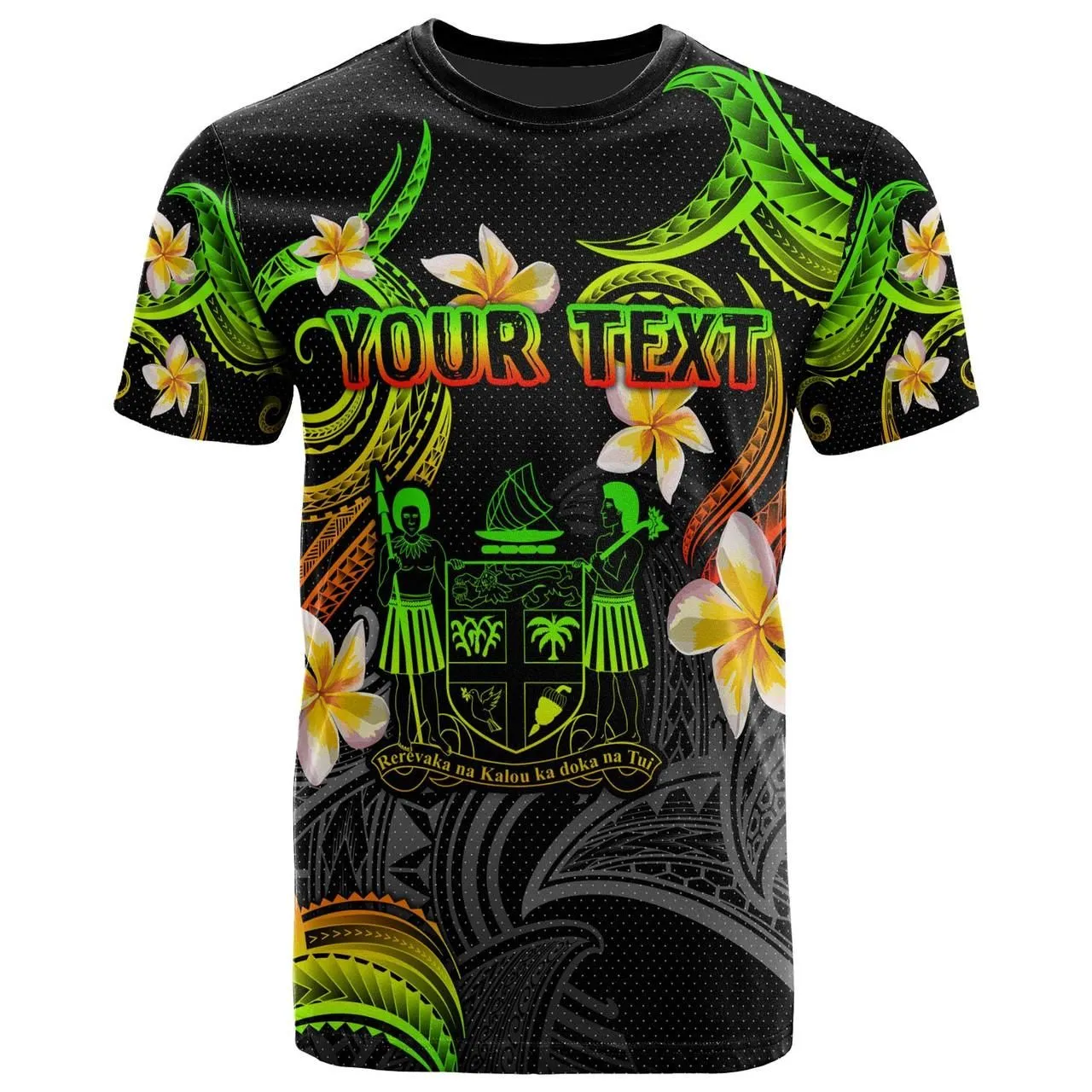 Fiji T-shirt - Custom Personalised Polynesian Waves with Plumeria Flowers (Reggae)