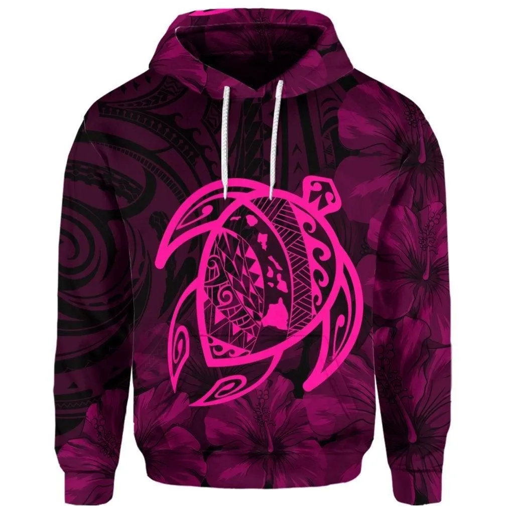 (Personalised) Hawaiian Map Turtle Kanaka Hibiscus Polynesian Hoodie - Pink