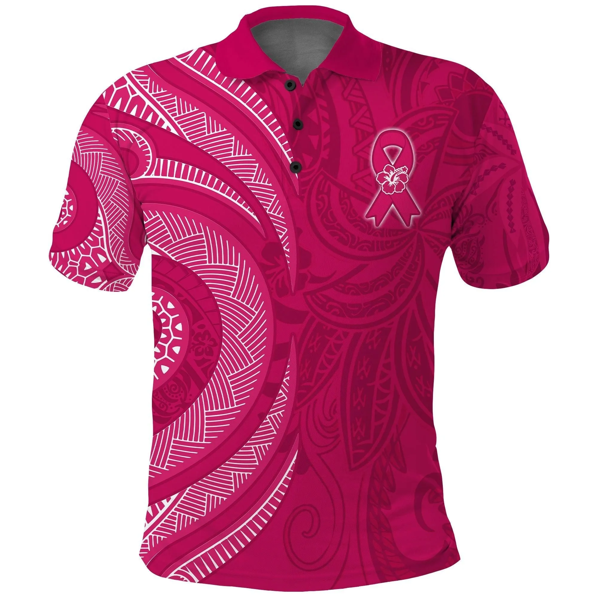 (Custom Personalised) Breast Cancer Awareness Polo Shirt Hibiscus Polynesian No One Fights Alone LT13