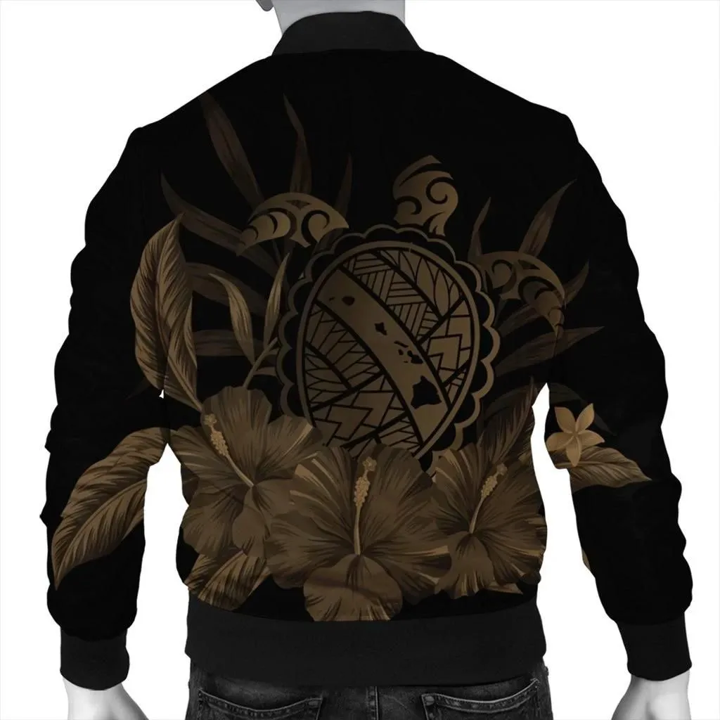 FamilyGater Jacket - Hawaiian Map Turtle Hibiscus Polynesian Bomber Jacket - Gold - AH - J4R