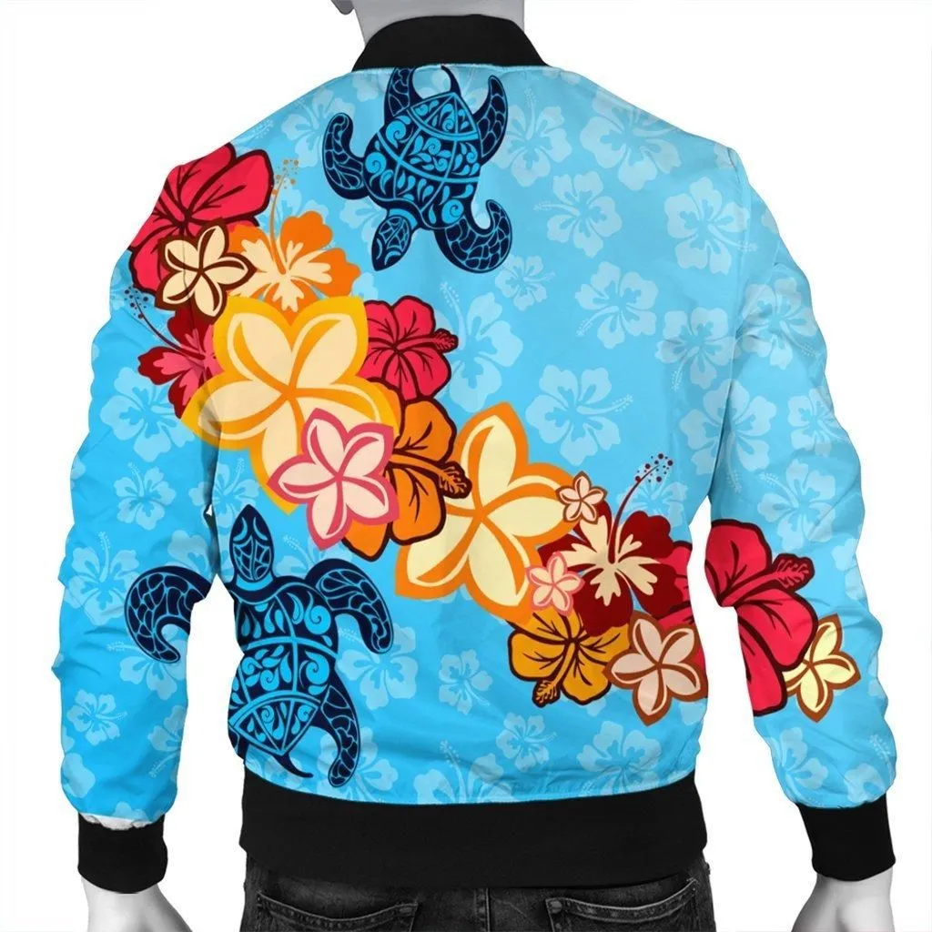 Hawaiian Ocean Turtle Plumeria and Hibiscus Polynesian Bomber Jacket