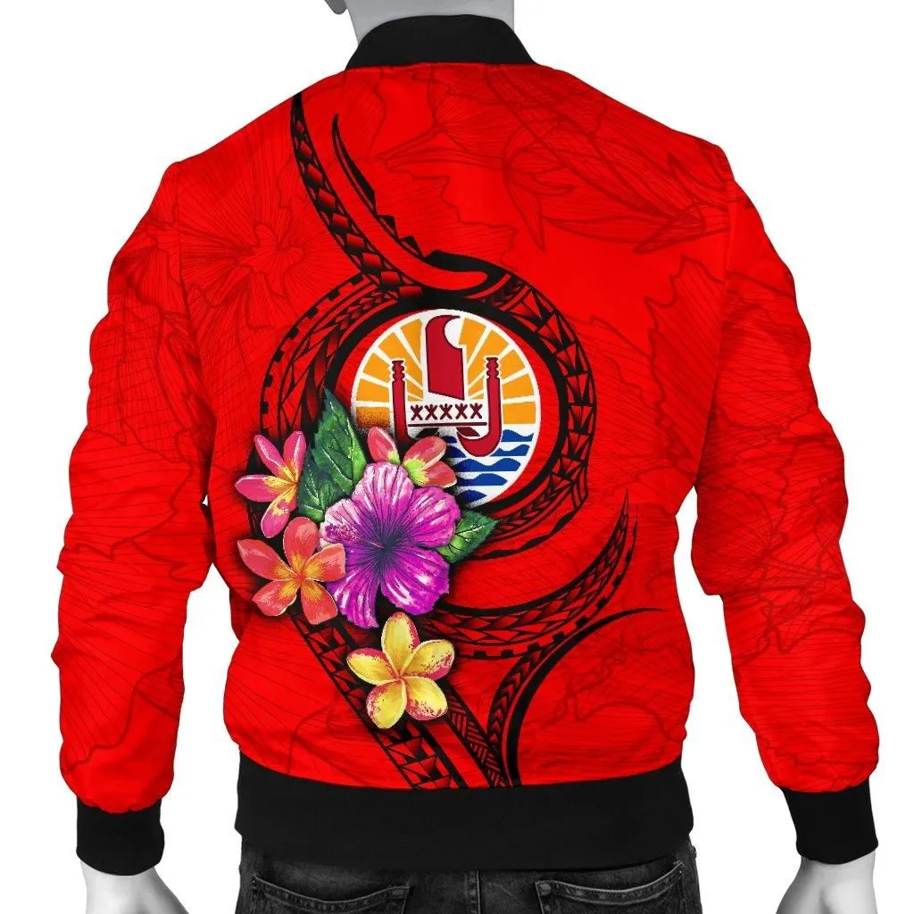Tahiti Polynesian Custom Personalised Mens Bomber Jacket - Floral With Seal Red