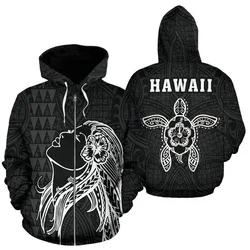 Alohawaii Hoodie - Polynesian Kakau Hula Girl Turtle Hibiscus Hawaii Zip Hoodie White - AH - J1