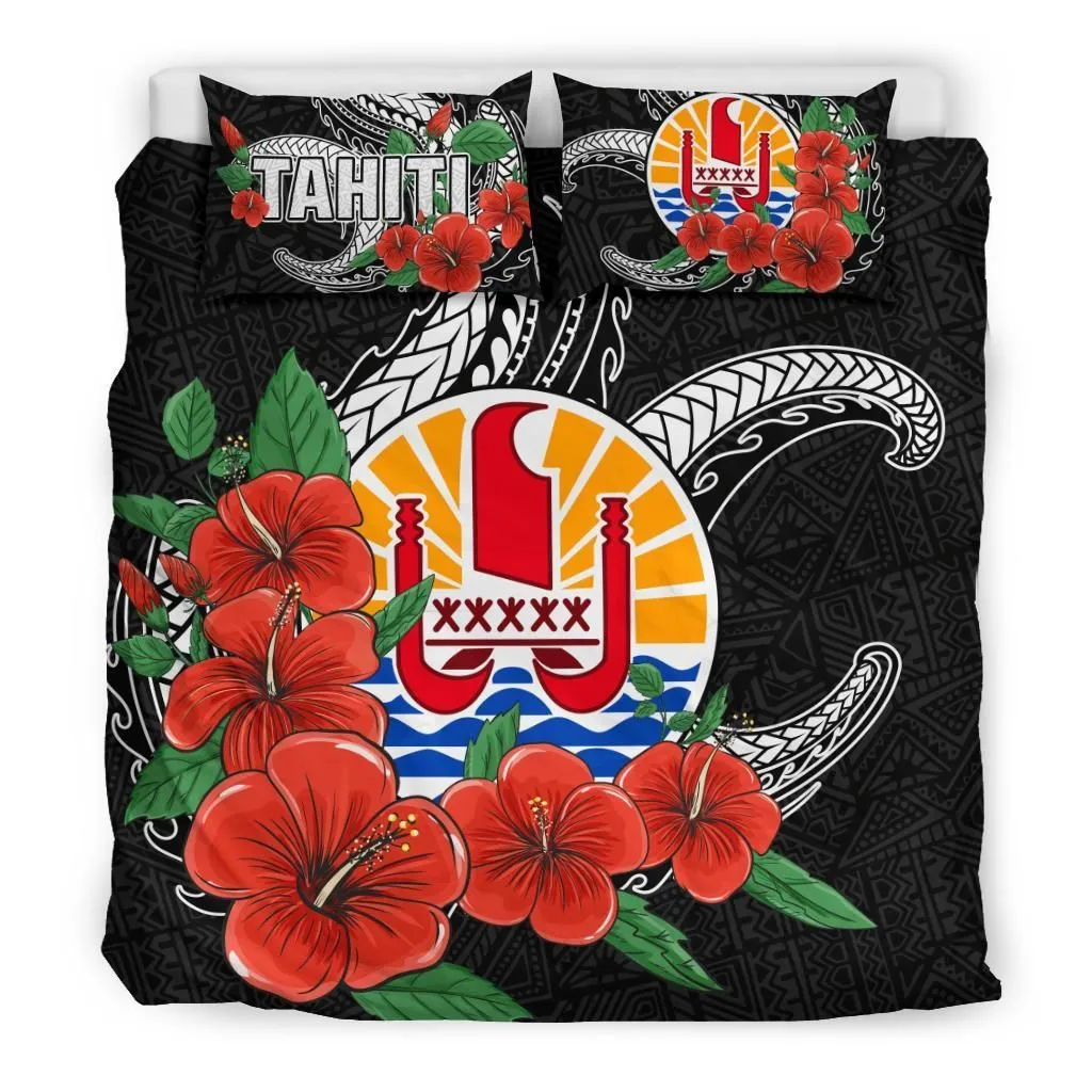 Polynesian Bedding Set - Tahiti Duvet Cover Set - Hibiscus Coat of Arm Black