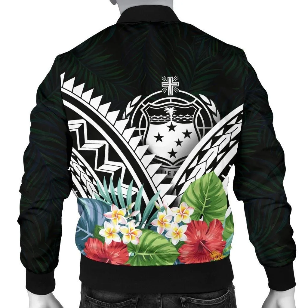 Samoa Mens Bomber Jacket - Samoa Caledonia Coat of Arms and Polynesian Tropical Flowers White