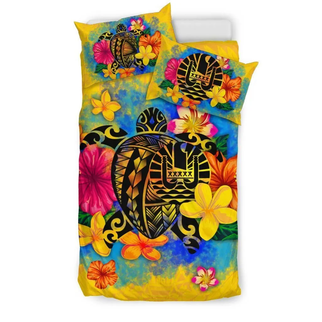 FamilyGater Bedding Set - Cover and Pillow Cases Tahiti Polynesian - Turtle with Plumeria and Hibiscus - BN15