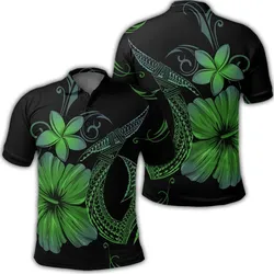 Hawaiian Fish Hook Hibiscus Plumeria Polynesian Polo Shirt - Green - AH