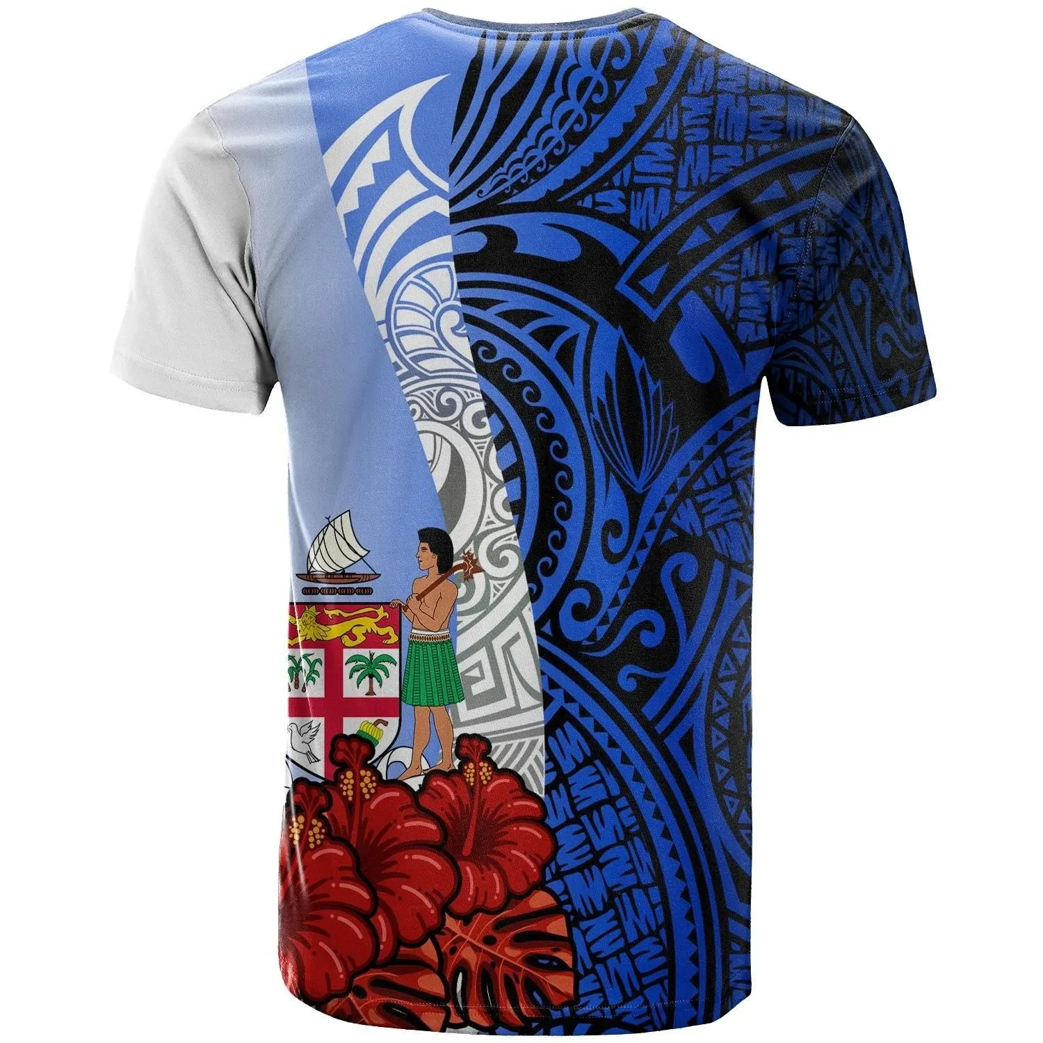 Fiji Polynesian Custom Personalised T-shirt - Coat Of Arm With Hibiscus Blue - BN12