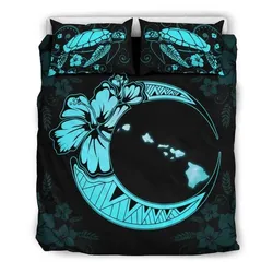 FamilyGater Home Set - Hawaiian Map Hibiscus Turtle Polynesian Moon Bedding Set Blue  - AH - J1