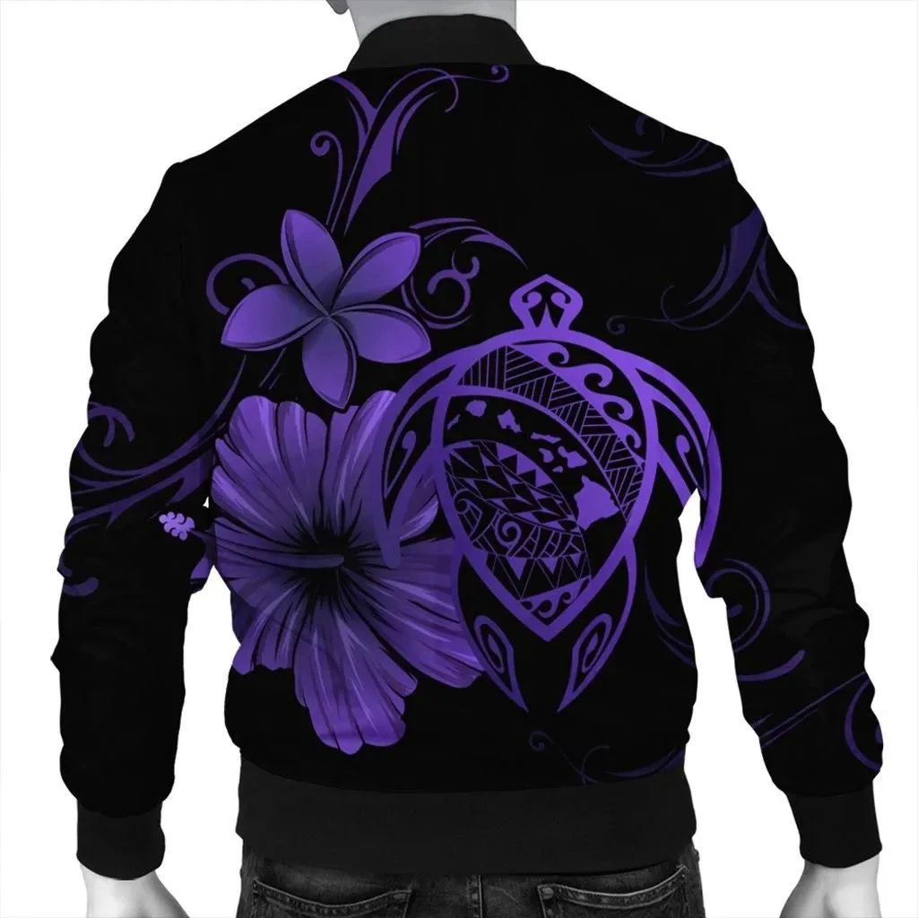 Alohawaii Jacket - Hawaiian Map Turtle Hibiscus Plumeria Polynesian Bomber Jacket - Purple - AH - J4R