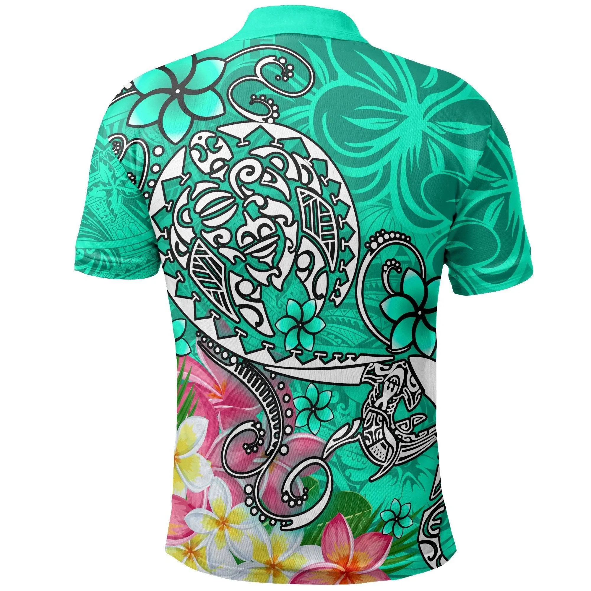 Polynesian Polo Shirt - Turtle Plumeria Turquoise Color