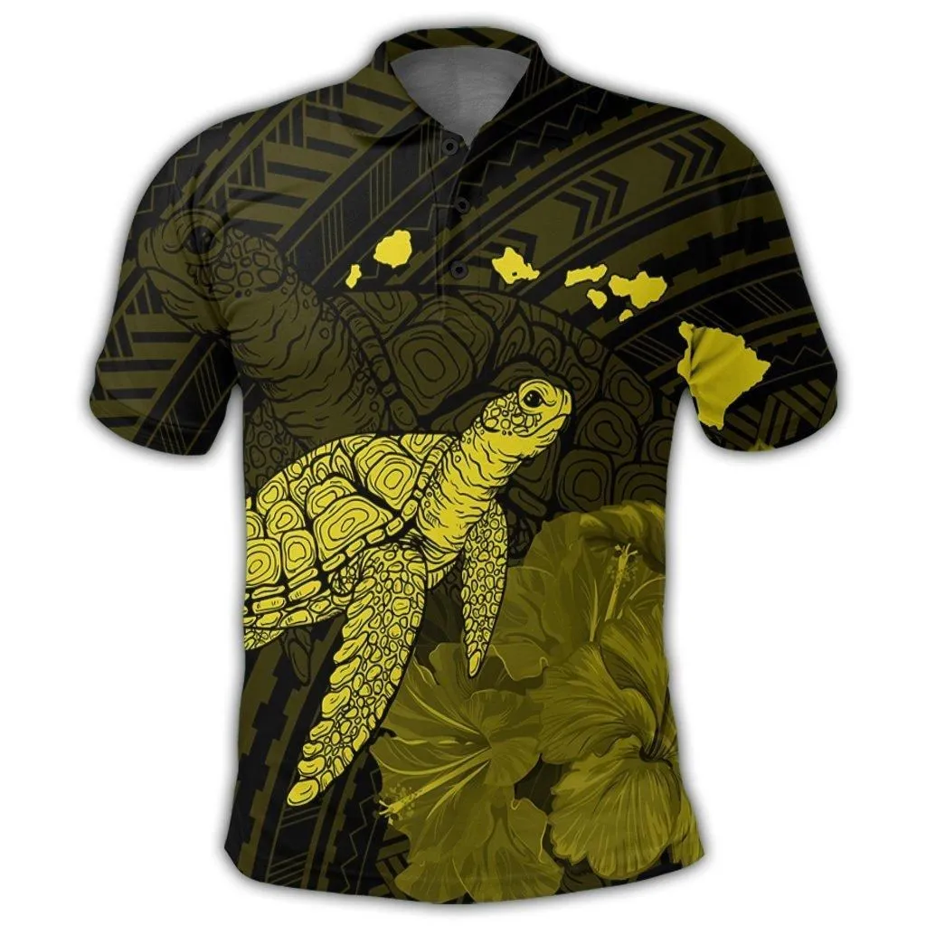 Hawaii Polynesian Hibiscus Turtle Map Polo Shirt Yellow