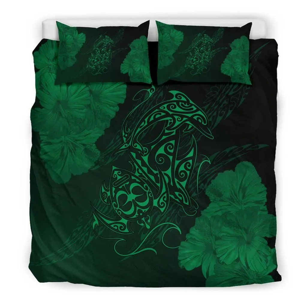 Hawaiian Hibiscus Dolphin Manta Ray Turtle Polynesian Bedding Set Waves Green - AH - J5