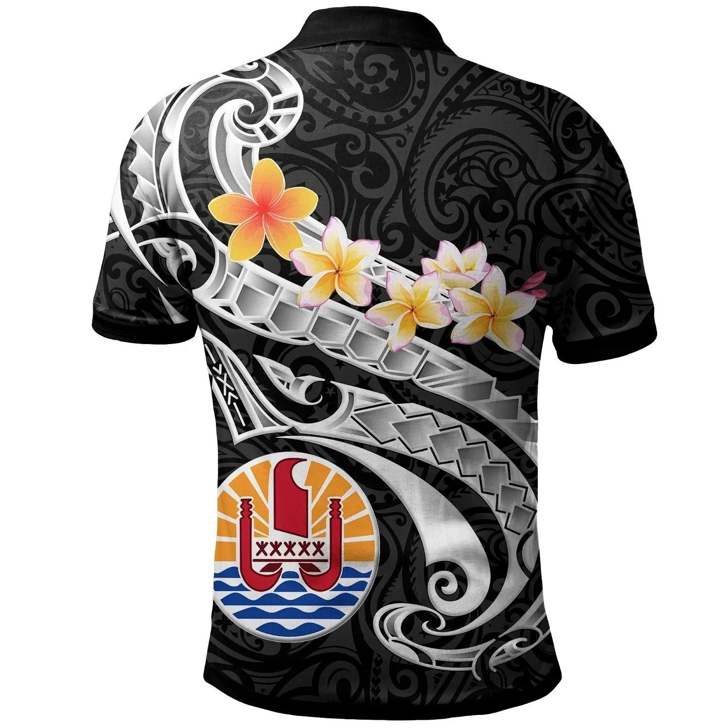 Tahiti Custom Personalised Polo Shirt - Tahiti Seal Polynesian Patterns Plumeria (Black) - BN25