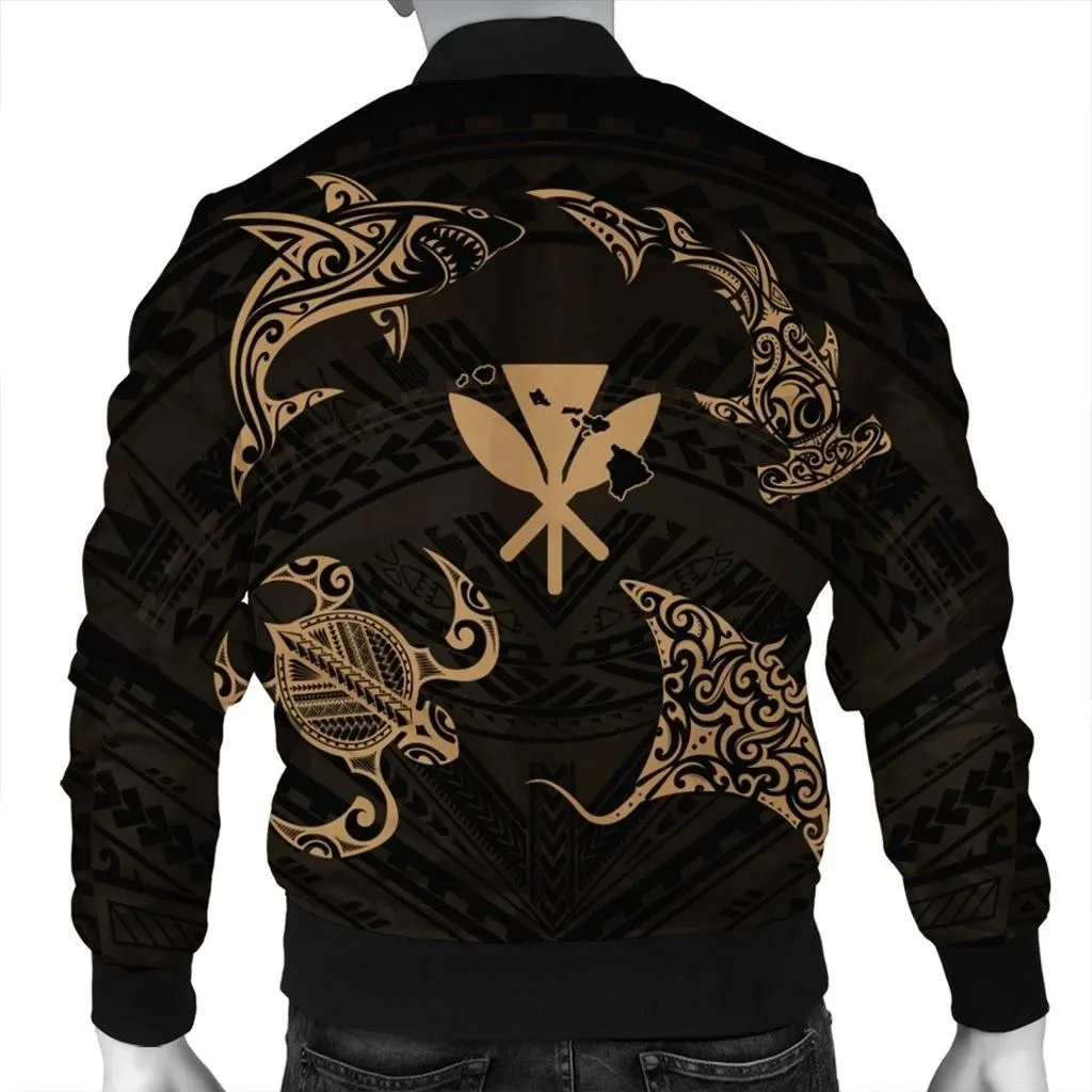 FamilyGater Jacket - Polynesian Turtle Hammerhead Shark Ray Kanaka Hawaii Bomber Jacket Circle Gold - AH - J5R
