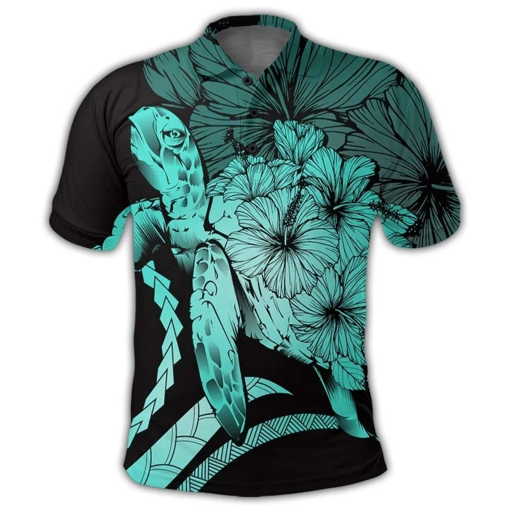Hawaiian - Hawaii Turtle Hibiscus Polynesian Vintage Polo Shirt - Turquoise