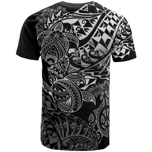 Tahiti Polynesian T shirt - White Turtle Hibiscus Flowing