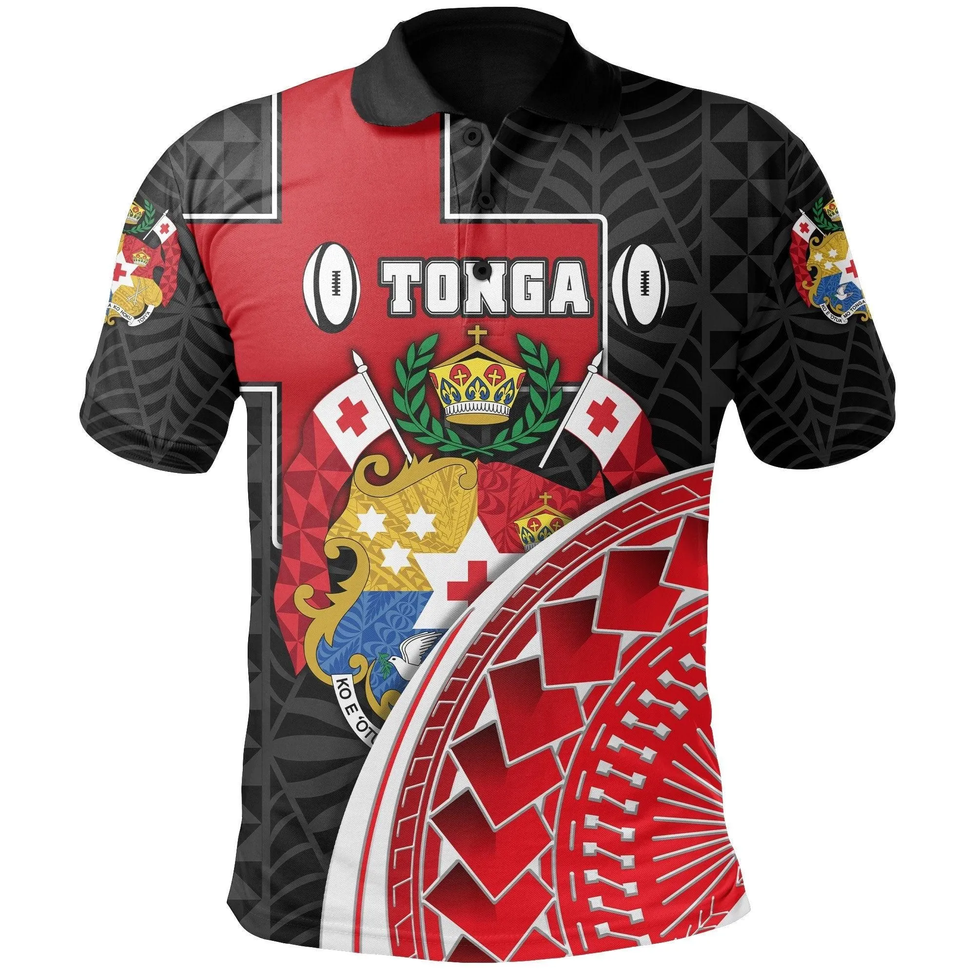 (Custom Personalised) Tonga Rugby Polo Shirt Polynesian Armor Style - Black